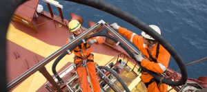 Birds eye view of men installing Elastopipe on offshore structure
